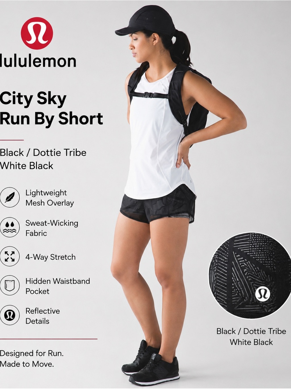 Lululemon City Sky Run By Short Mesh Black Dottie Tribe Size 4 EUC